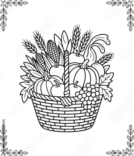 Thanksgiving traditional coloring page for kids and adults, Large harvest basket filled with pumpkins, corn and vegetables black line art vector illustration for coloring book design