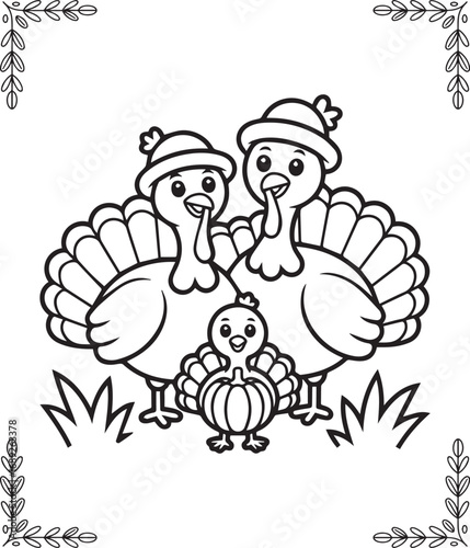 Thanksgiving traditional coloring page for kids and adults, Cute mom, dad and baby turkeys standing together with smiling face black line art vector illustration for coloring book design 