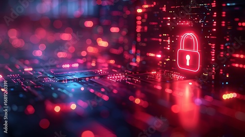 Secure your digital world with glowing neon padlock on futuristic circuit board background