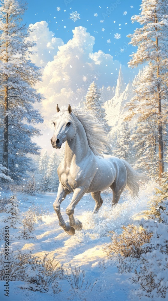 Obraz premium Majestic White Horse Galloping Through Snowy Winter Forest Landscape