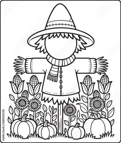 Thanksgiving traditional coloring page for kids and adults, Scarecrow with a smiling face standing in a field black line art vector illustration for coloring book design 