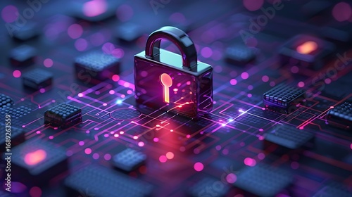 Digital padlock secures glowing circuit board with vibrant neon data streams creating secure network