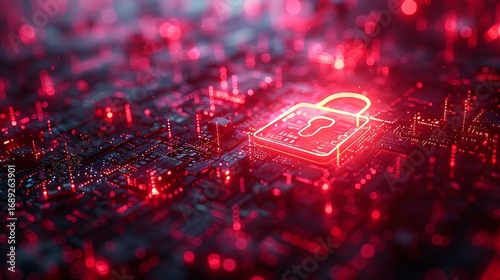 Secure digital network with glowing red padlock over intricate circuit board technology