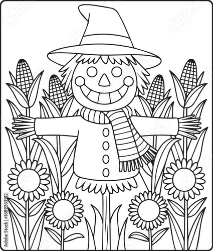 Thanksgiving traditional coloring page for kids and adults, Scarecrow with a smiling face standing in a field black line art vector illustration for coloring book design 