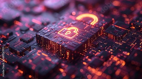 Digital security padlock glows on futuristic circuit board, representing cyber protection and data privacy