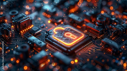 Vibrant digital padlock icon glowing on futuristic circuit board, symbolizing advanced cyber security technology