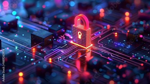Digital padlock secures glowing circuit board with neon lights, symbolizing cybersecurity and data protection