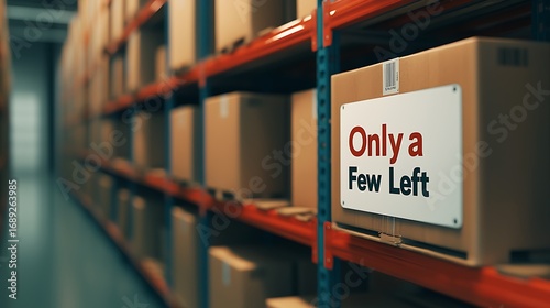 A warehouse aisle filled with cardboard boxes, featuring a sign indicating limited stock availability.