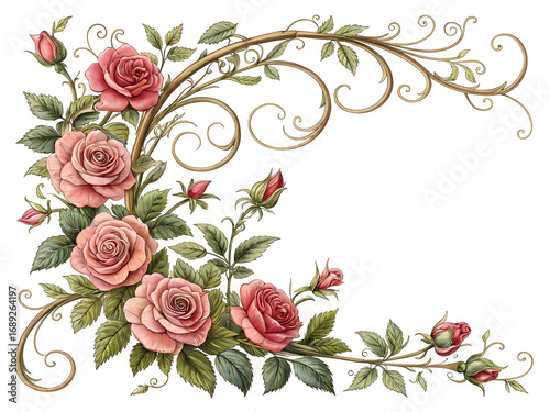 Pink roses and golden vine border green leaves floral border