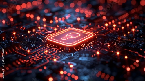 Vibrant digital circuit board pulses with neon red energy, representing future technology and innovation.