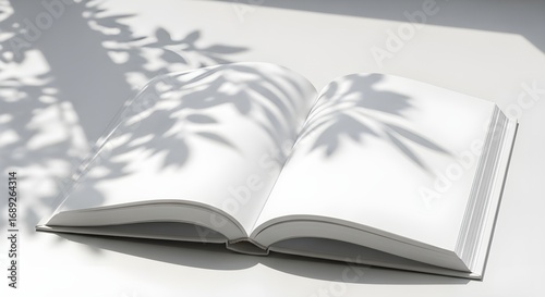Blank Open White Book with Shadows on Minimal Background
