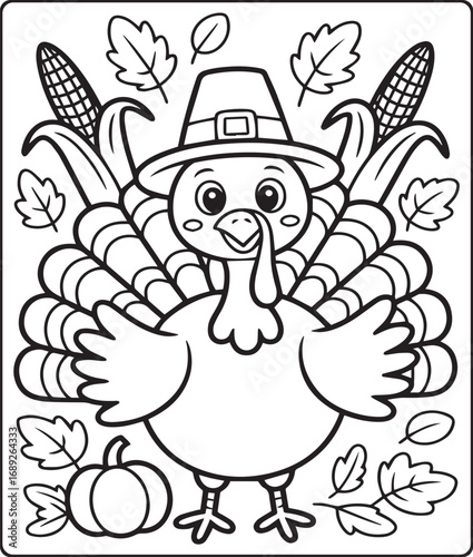 Thanksgiving traditional coloring page for kids and adults, Adorable cartoon turkey wearing a pilgrim hat and smiling black line art vector illustration for coloring book design 