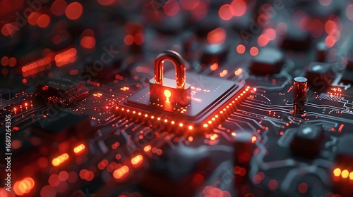 Secure digital network protection with glowing red circuit board and padlock