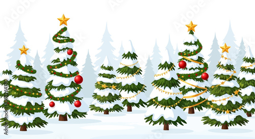 A snowy forest scene with decorated Christmas trees, ready for the holiday season.