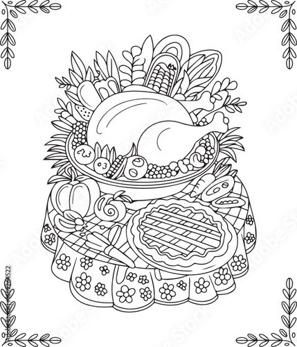 Thanksgiving traditional coloring page for kids and adults, dinner table with roasted, corn and vegetables black line art vector illustration for coloring book design 