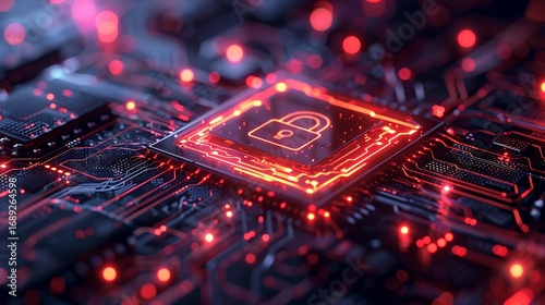 Digital padlock on glowing circuit board signifies cybersecurity and secure data transmission