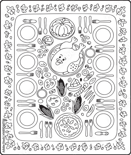 Thanksgiving traditional coloring page for kids and adults, dinner table with roasted, corn and vegetables black line art vector illustration for coloring book design 