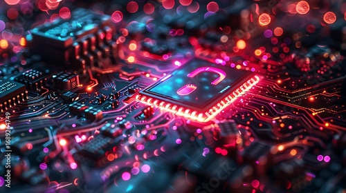 Glowing circuit board with futuristic digital data streams and abstract bokeh lights