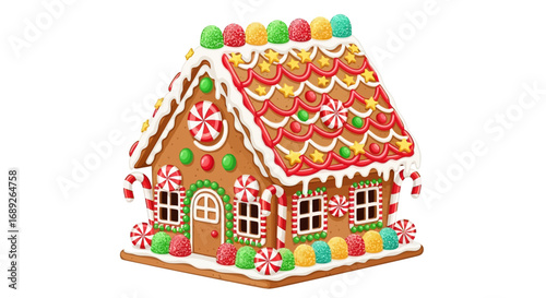 A festive gingerbread house decorated with candy, icing, and colorful sweets, standing against a white background.