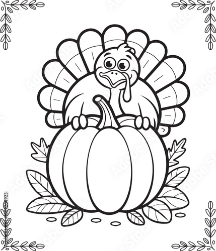 Thanksgiving traditional coloring page for kids and adults, Cute cartoon turkey playfully peeking from behind a pumpkin black line art vector illustration for coloring book design
