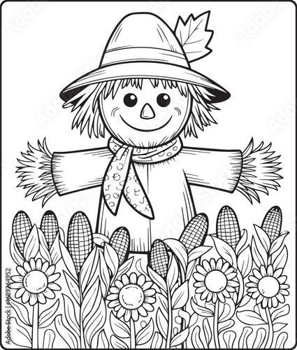 Thanksgiving traditional coloring page for kids and adults, Scarecrow with a smiling face standing in a field black line art vector illustration for coloring book design 