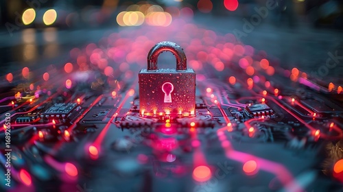 Secure digital network with glowing circuits and a prominent padlock symbolizing data protection