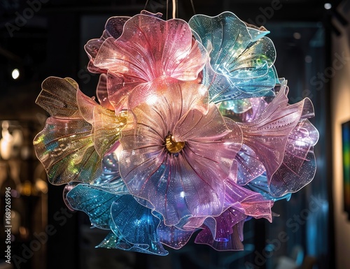 Multi-colored, translucent chandelier with intricate floral design