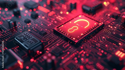 Vibrant glowing circuit board with intricate microchip details and futuristic red illumination