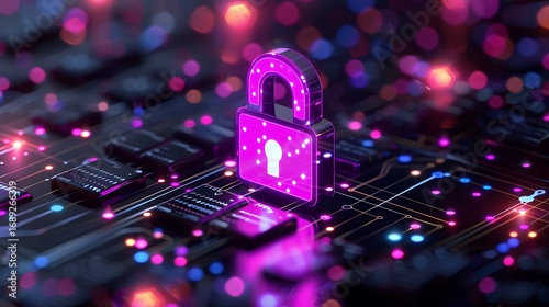 Secure your digital world with this vibrant glowing padlock on a futuristic circuit board