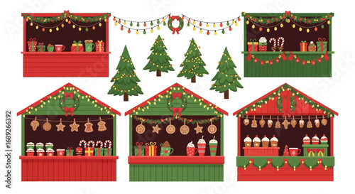 Festive Christmas market stalls with treats, decorations, and trees.