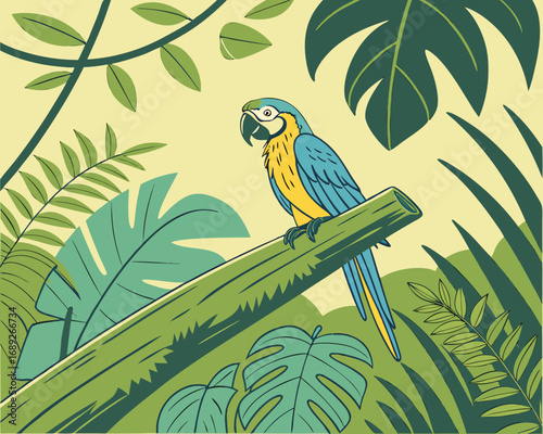 A colorful cartoon parrot with a vibrant beak and green feathers is perched on a tropical tree branch with a palm leaf and flower