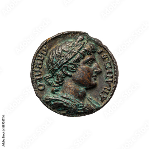 Foto Ancient Roman Bronze Coin of Octavian Augustus, Profile Portrait, Close-up