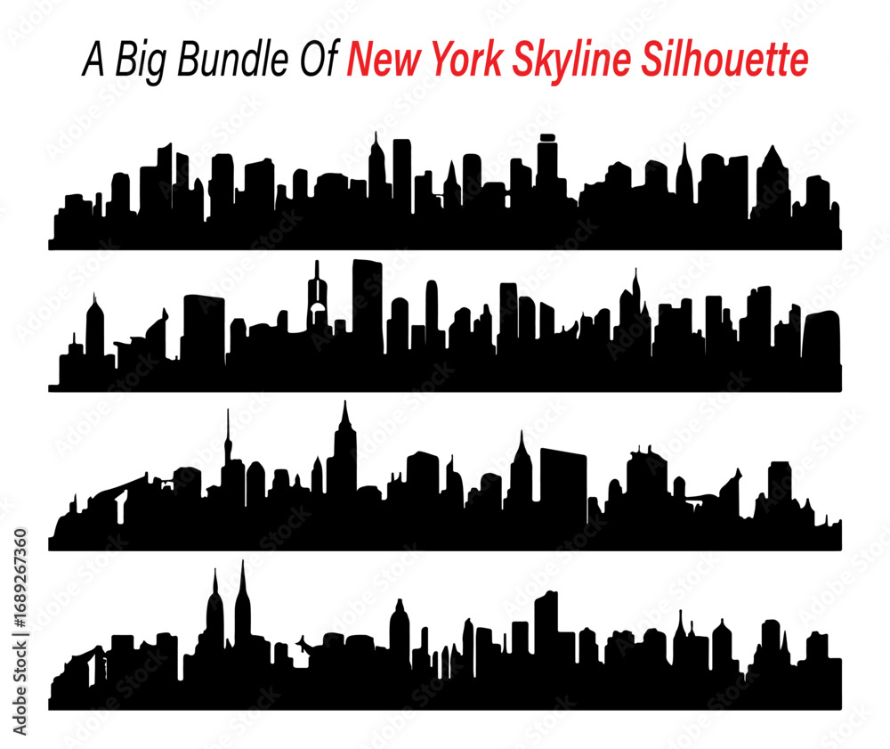 Obraz premium Four New York City Skyline Silhouettes in Black on White Background Vector Illustration silhouette This
