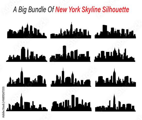 Collection of New York City Skyline Designs in Black Silhouette Style on White Background silhouette