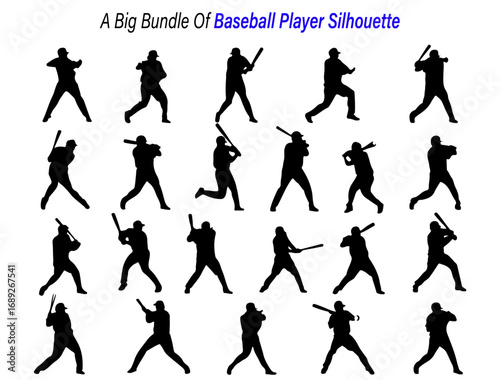 Collection of Baseball Player Silhouettes in Various Poses on White Background silhouette collection baseball players