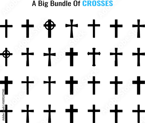 Collection of Christian Crosses in Various Styles Arranged Neatly on a White Background silhouette collection