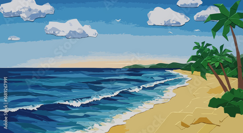 Serene Origami Beach Landscape in Blue and Gold for Vacation Escapes