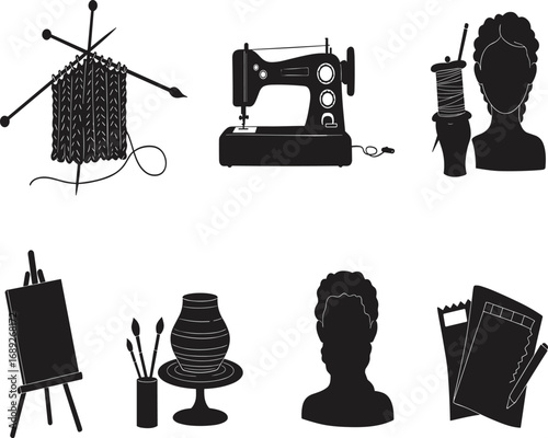 Arts and crafts, silhouette icons, knitting, sewing machine, crochet, pottery wheel, painting tools, drawing set, creative hobbies, handmade, DIY, artistic tools, canvas easel, paintbrushes, 