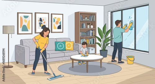 Family Cleaning the Living Room Together