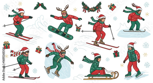 Joyful winter sports enthusiasts enjoy skiing, snowboarding, and sledding amidst festive Christmas decorations.