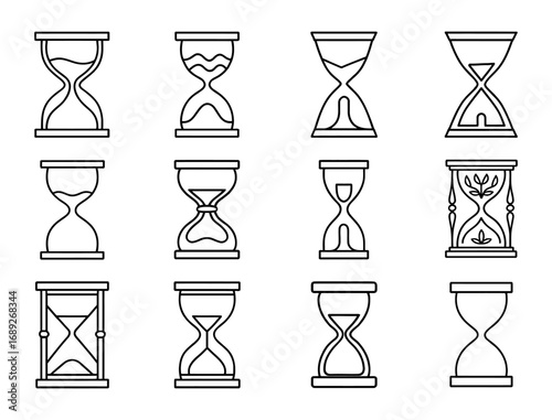 Set of linear hourglass icons depicting time elapsing in minimalist style