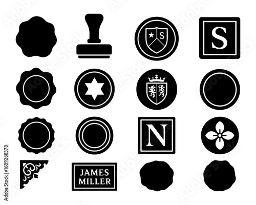 Collection of classic wax seal emblems and monograms in black silhouette style