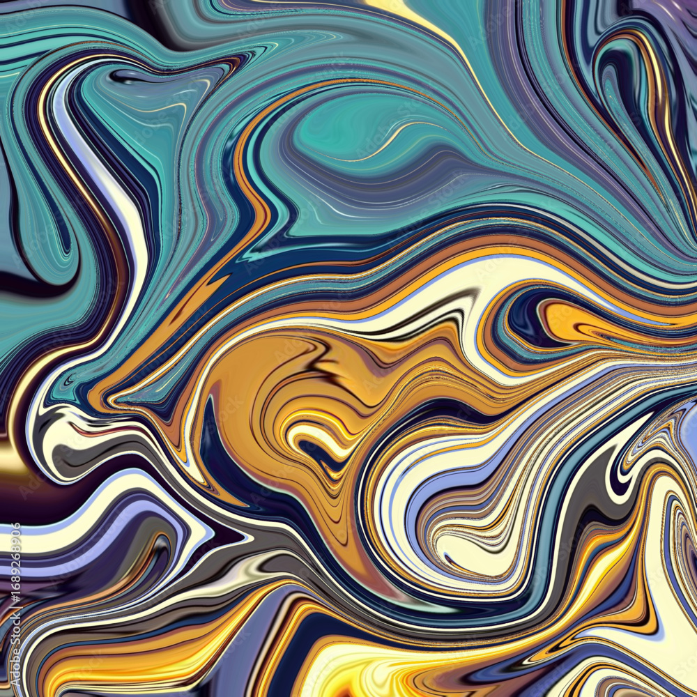 Fototapeta premium Vibrant abstract swirl artwork with golden, teal, fluid, pattern, and texture creating a modern decorative visual for art and design projects.