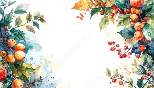 Wallpaper Mural A Colorful watercolor illustration of berries and leaves, perfect for seasonal designs. The illustration features an array of vibrant colors and botanical details. Torontodigital.ca