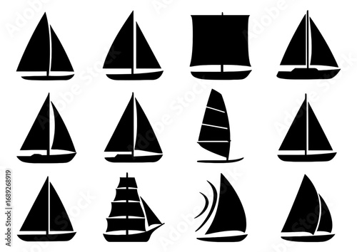Set of sailing boat silhouettes in black on white background