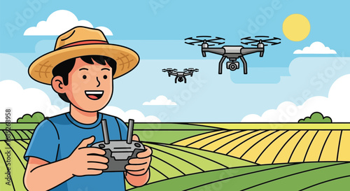 Young Boy Operating Drones on a Farm