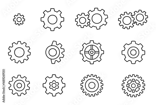 Set of linear gear icons representing mechanical and industrial concepts