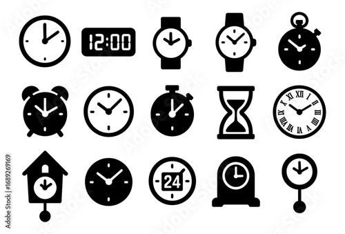 Collection of clock and timer icons in simple bold design