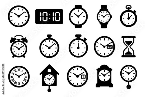 Collection of various clock icons in black silhouette style
