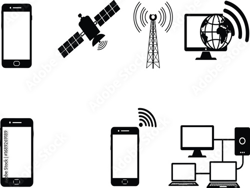 Communication icons, digital technology, mobile signal, satellite network, internet connection, wireless devices, global communication, smartphone interface, radio tower, tech symbols, online network,